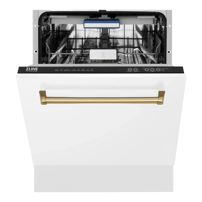 ZLINE Autograph Series 24 inch Tall Dishwasher in White Matte with Champagne Bronze Handle, DWVZ-WM-24-CB