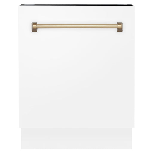 ZLINE Autograph Series 24 inch Tall Dishwasher in White Matte with Champagne Bronze Handle, DWVZ-WM-24-CB