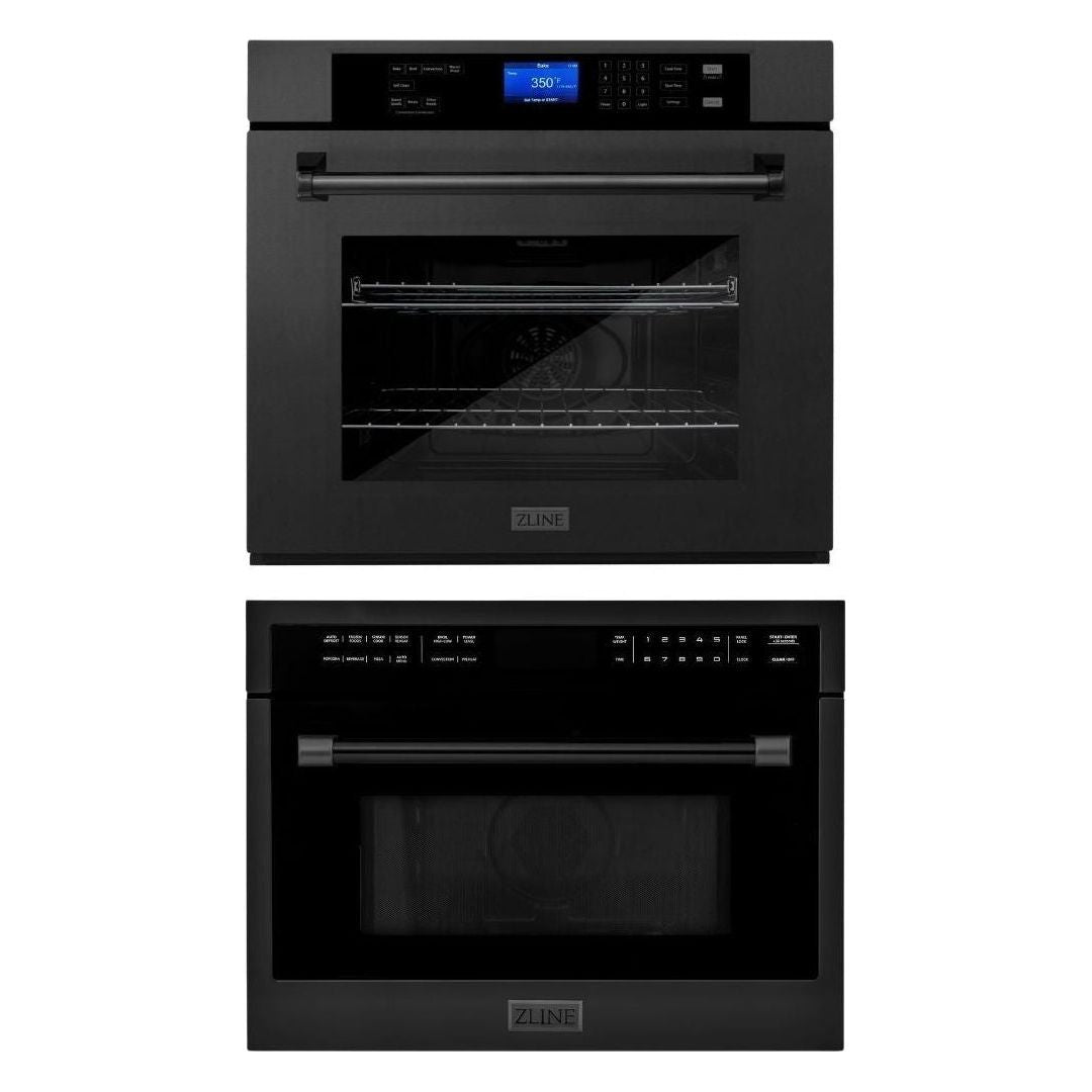 ZLINE Black Stainless Steel 24 in. Built-in Convection Microwave Oven and 30 in. Single Wall Oven with Self Clean Kitchen Appliance Package 2KP-MW24-AWS30BS