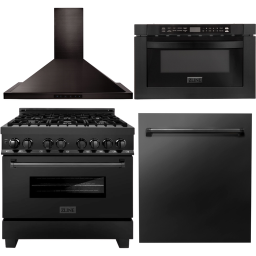 ZLINE Kitchen Appliance Packages ZLINE Black Stainless Steel 36 Range, 36 Range Hood, Microwave Drawer and Dishwasher Appliance Package