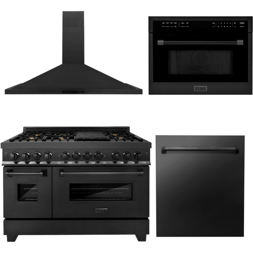 ZLINE Black Stainless Steel 48 in. Dual Fuel Range, Range Hood, Microwave Oven and Dishwasher Appliance Package 4KP-RABRH48-MODW