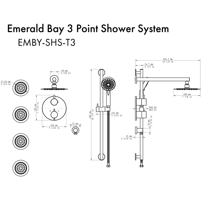 ZLINE Emerald Bay Thermostatic Shower System in Brushed Nickel with Body Jets EMBY-SHS-T3-BN