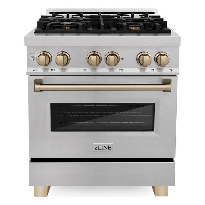 ZLINE Kitchen and Bath 30 Inch Autograph Edition Dual Fuel Range In DuraSnow Stainless Steel with Champagne Bronze Accents RASZ-SN-30-CB