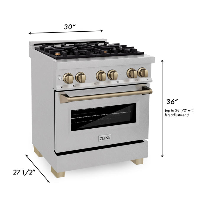 ZLINE Kitchen and Bath 30 Inch Autograph Edition Dual Fuel Range In DuraSnow Stainless Steel with Champagne Bronze Accents RASZ-SN-30-CB