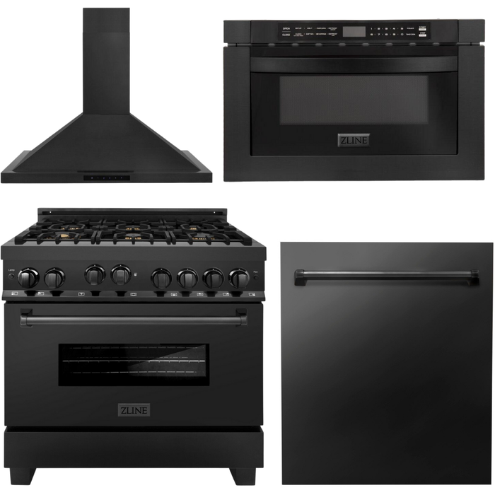 ZLINE Kitchen and Bath 36 in. Kitchen Appliance Package with Black Stainless Steel Dual Fuel Range, Range Hood, Microwave Drawer and Dishwasher, 4KP-RABRH36-MWDW