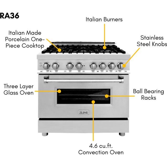 ZLINE Kitchen and Bath 36" Range, Range Hood, Microwave, Dishwasher & Refrigerator Appliance Package, 5KPR-RARH36-MWDWV