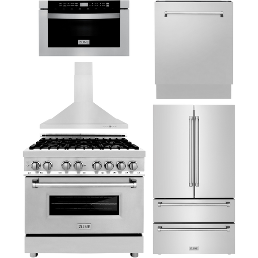 ZLINE Kitchen and Bath 36" Range, Range Hood, Microwave, Dishwasher & Refrigerator Appliance Package, 5KPR-RARH36-MWDWV