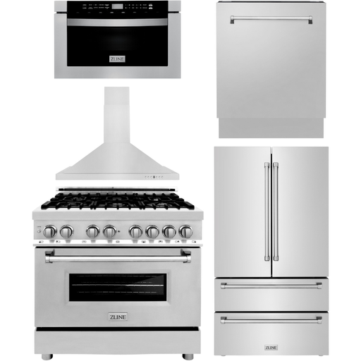 ZLINE Kitchen Appliance Packages ZLINE Kitchen and Bath 36" Range, Range Hood, Microwave, Dishwasher & Refrigerator Appliance Package, 5KPR-RARH36-MWDWV