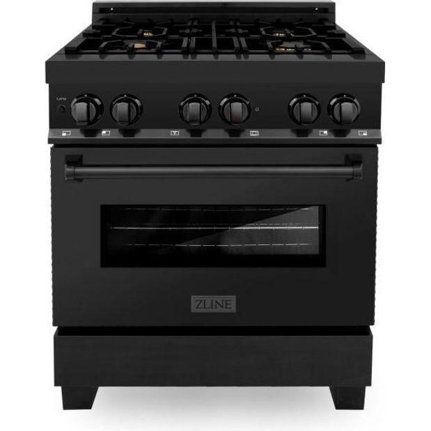 ZLINE Kitchen and Bath Appliance Package - 30 in. Dual Fuel Range, Range Hood, Microwave Drawer, Dishwasher, Refrigerator in Black Stainless, 5KPR-RABRH-MWDWV