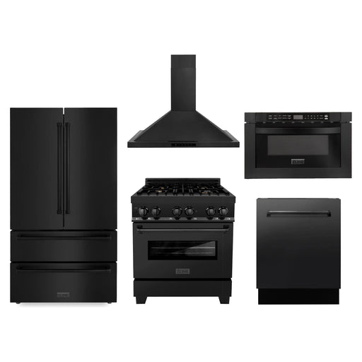 ZLINE Kitchen Appliance Packages ZLINE Kitchen and Bath Appliance Package - 30 in. Dual Fuel Range, Range Hood, Microwave Drawer, Dishwasher, Refrigerator in Black Stainless, 5KPR-RABRH-MWDWV
