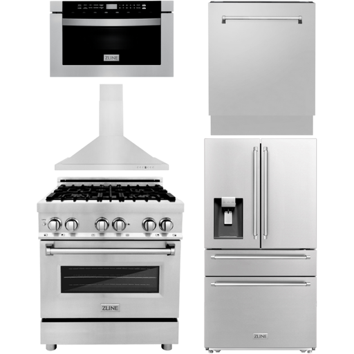 ZLINE Kitchen Appliance Packages ZLINE Kitchen and Bath Appliance Package - 30 in. Dual Fuel Range, Range Hood, Microwave Drawer, Dishwasher, Refrigerator with Water and Ice Dispenser, 5KPRW-RARH30-MWDWV