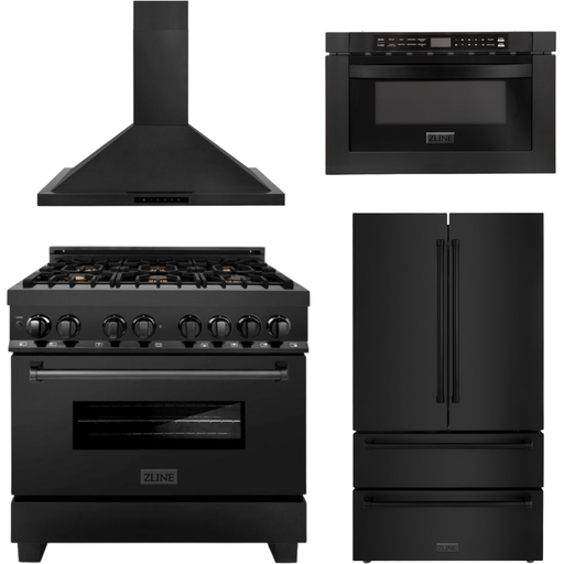 ZLINE Kitchen and Bath Appliance Package - 36 in. Dual Fuel Range, Range Hood, Microwave Drawer, Refrigerator in Black Stainless, 4KPR-RABRH36-MW