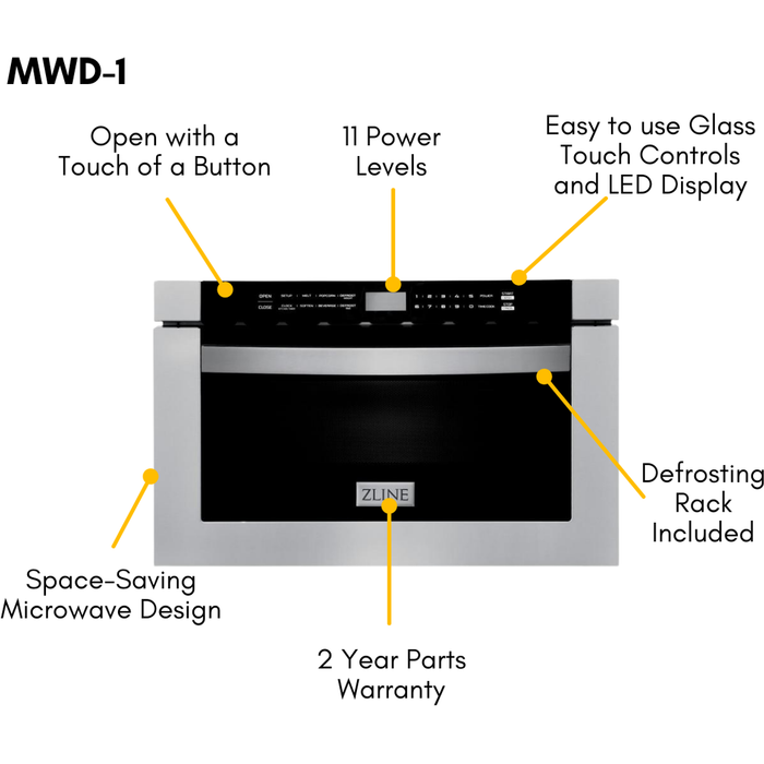 ZLINE Kitchen and Bath Appliance Package - 36 In. Gas Range, Range Hood, Microwave Drawer, Refrigerator with Water and Ice Dispenser and Dishwasher in Stainless Steel, 5KPRW-RGRH36-MWDWV