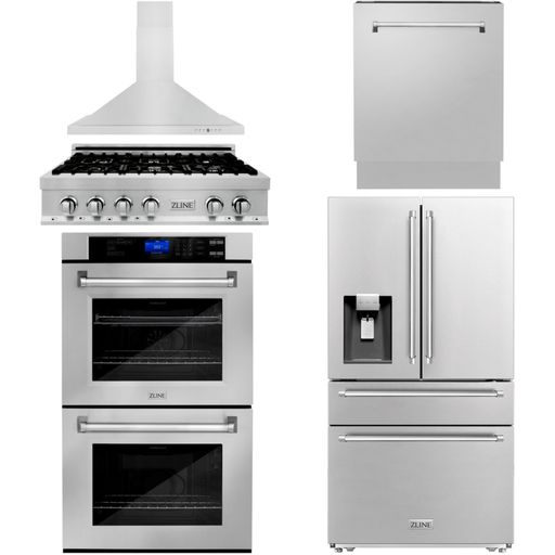 ZLINE Kitchen Appliance Packages ZLINE Kitchen and Bath Appliance Package - 36 In. Gas Rangetop, Range Hood, Refrigerator with Water and Ice Dispenser, Dishwasher and Double Wall Oven in Stainless Steel, 5KPRW-RTRH36-AWDDWV
