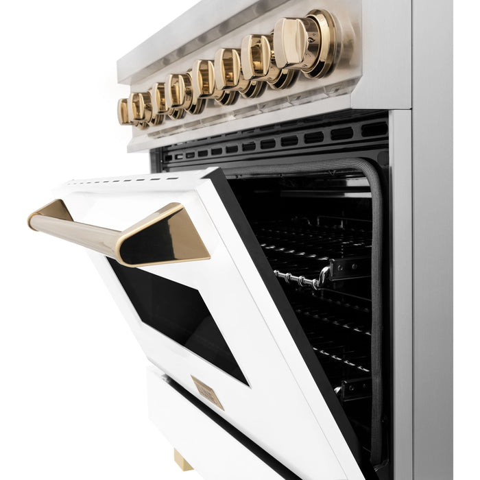 ZLINE Kitchen and Bath Autograph Package - 36 In. Dual Fuel Range, Range Hood, Dishwasher in White Matte with Gold Accents, 3AKP-RAWMRHDWM36-G