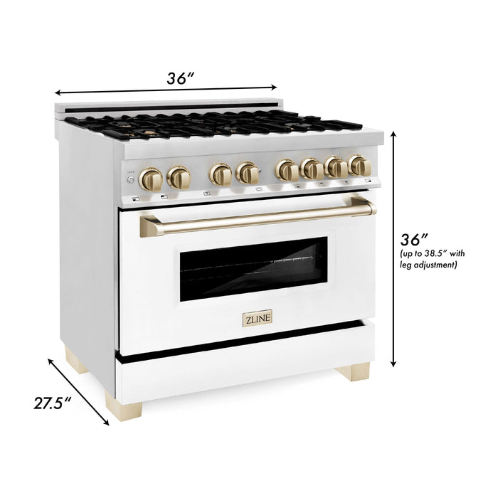 ZLINE Kitchen and Bath Autograph Package - 36 In. Dual Fuel Range, Range Hood, Dishwasher in White Matte with Gold Accents, 3AKP-RAWMRHDWM36-G