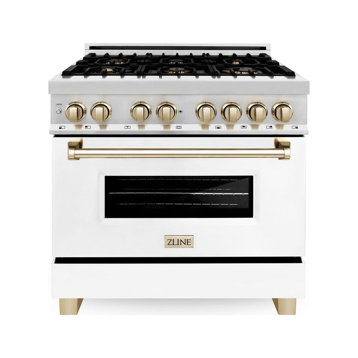 ZLINE Kitchen and Bath Autograph Package - 36 In. Dual Fuel Range, Range Hood, Dishwasher in White Matte with Gold Accents, 3AKP-RAWMRHDWM36-G