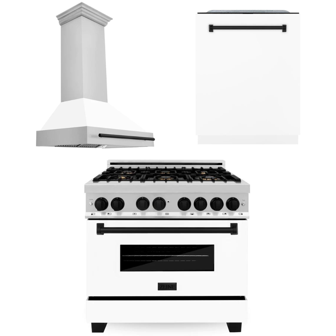 ZLINE Kitchen and Bath Autograph Package - 36 In. Dual Fuel Range, Range Hood, Dishwasher in White Matte with Matte Black Accents, 3AKP-RAWMRHDWM36-MB