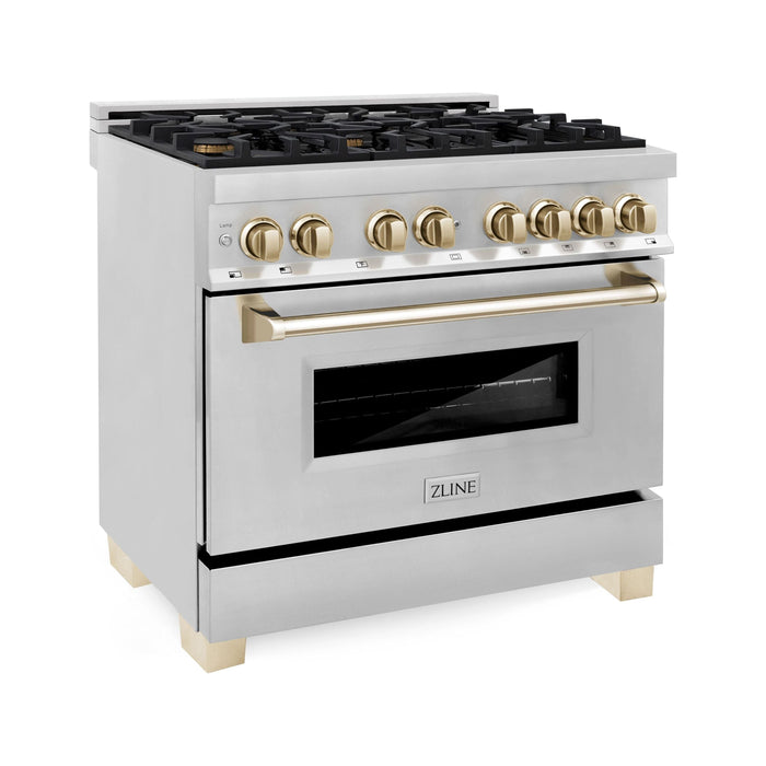 ZLINE Kitchen and Bath Autograph Package - 36 In. Dual Fuel Range, Range Hood, Dishwasher, Refrigerator with Water and Ice Dispenser in Stainless Steel with Gold Accents, 4AKPR-RARHDWM36-G