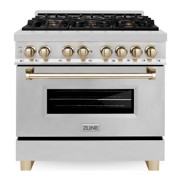 ZLINE Kitchen and Bath Autograph Package - 36 In. Dual Fuel Range, Range Hood, Dishwasher, Refrigerator with Water and Ice Dispenser in Stainless Steel with Gold Accents, 4AKPR-RARHDWM36-G