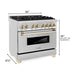 ZLINE Kitchen Appliance Packages ZLINE Kitchen and Bath Autograph Package - 36 In. Dual Fuel Range, Range Hood, Dishwasher, Refrigerator with Water and Ice Dispenser in Stainless Steel with Gold Accents, 4AKPR-RARHDWM36-G