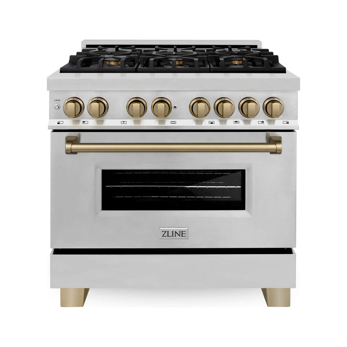 ZLINE Kitchen and Bath Autograph Package - 36 In. Dual Fuel Range, Range Hood in Stainless Steel with Champagne Bronze Accents, 2AKP-RARH36-CB