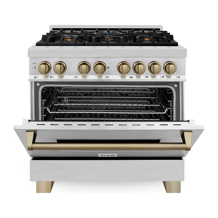 ZLINE Kitchen and Bath Autograph Package - 36 In. Dual Fuel Range, Range Hood in Stainless Steel with Champagne Bronze Accents, 2AKP-RARH36-CB