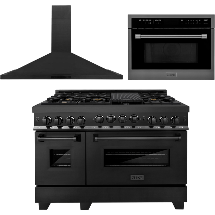 ZLINE Kitchen Appliance Package - 48 In. Gas Range with Brass Burners, Range Hood and Microwave Oven in Black Stainless Steel, 3KP-RGBRHMWO-48