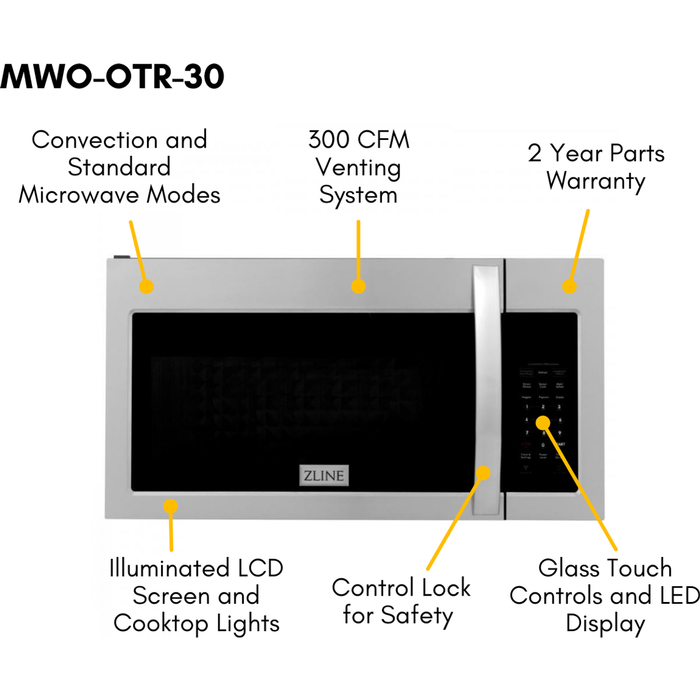 ZLINE Over the Range Convection Microwave Oven in Stainless Steel with Modern Handle and Sensor Cooking, MWO-OTR-30