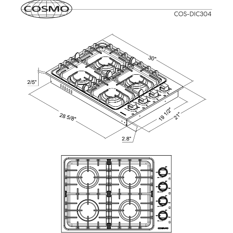 Cosmo 30" Gas Cooktop in Stainless Steel with 4 Italian Made Burners COS-DIC304